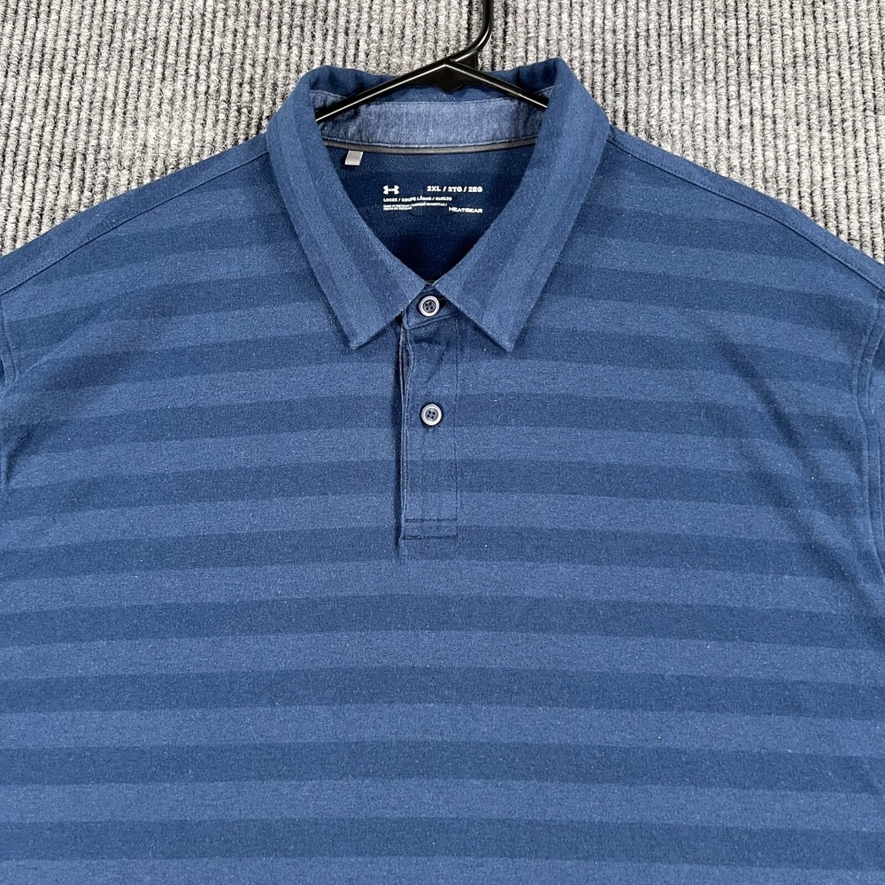 Under Armour Polo Shirt Mens 2XL XXL Blue Striped Short Sleeve Heat Gear Loose